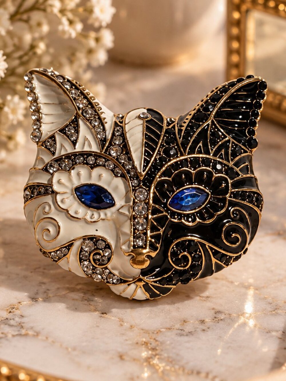 Vintage Split Half Black White Enamel Cat Head Brooch Pin Blue Rhinestone Eyes
